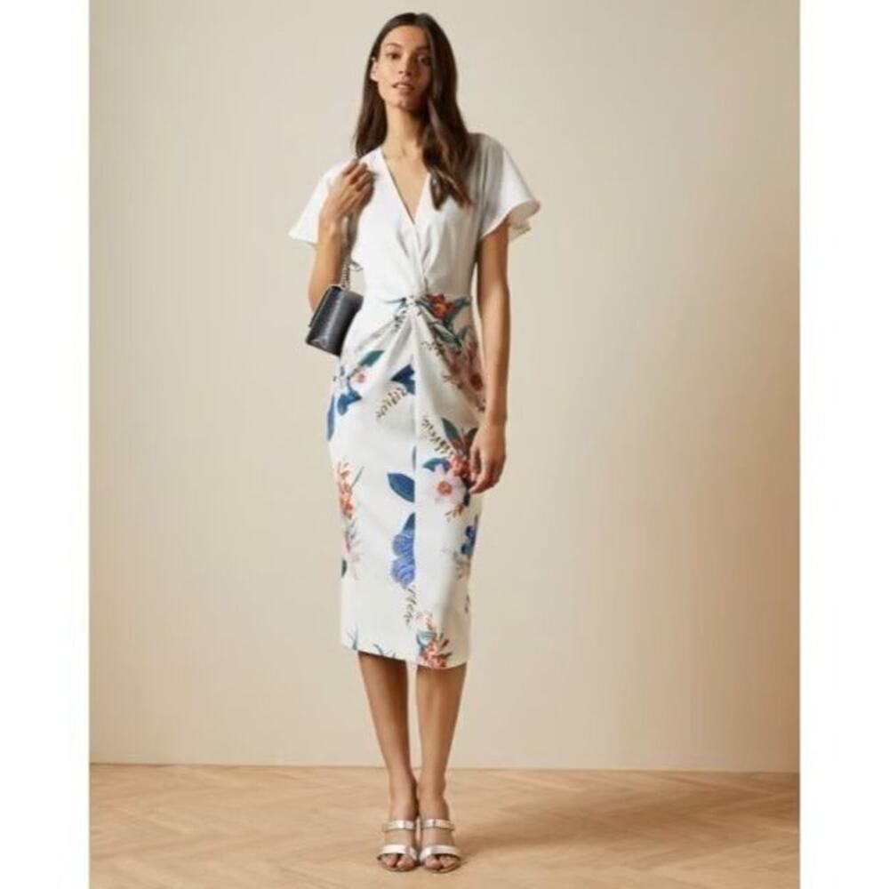 Ted Baker White Midi Dress with Pink & Teal Floral Print NWT Ladies Size 3 (M/L)